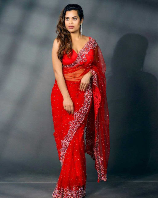 DESIGNER PARTY CUTWORK RED SAREE