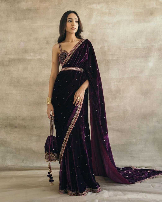 DESIGNER PARTY WEAR VELVET EMBROIDERED VISCOSE SAREE